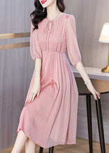 Load image into Gallery viewer, Beautiful Pink Lace Up Wrinkled Chiffon Dress Summer