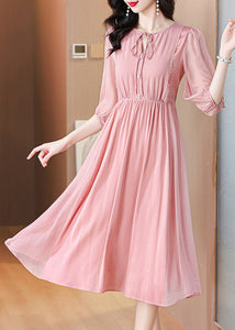 Beautiful Pink Lace Up Wrinkled Chiffon Dress Summer