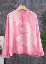 Load image into Gallery viewer, Beautiful Pink O Neck Button Print Silk Shirt Long Sleeve