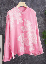 Load image into Gallery viewer, Beautiful Pink O Neck Button Print Silk Shirt Long Sleeve