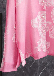 Beautiful Pink O Neck Button Print Silk Shirt Long Sleeve