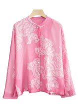 Load image into Gallery viewer, Beautiful Pink O Neck Button Print Silk Shirt Long Sleeve