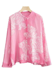 Beautiful Pink O Neck Button Print Silk Shirt Long Sleeve