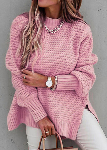 Beautiful Pink O Neck Side Open Thick Cozy Knit Sweaters Fall