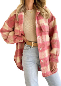 Beautiful Pink Peter Pan Collar Pockets Plaid Woolen Coat Fall