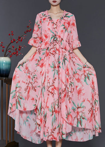 Beautiful Pink Ruffled Print Exra Large Hem Chiffon Dresses Summer