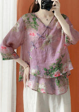 Load image into Gallery viewer, Beautiful Purple Asymmetrical Print Linen Blouses Half Sleeve