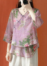 Load image into Gallery viewer, Beautiful Purple Asymmetrical Print Linen Blouses Half Sleeve