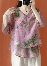 Load image into Gallery viewer, Beautiful Purple Asymmetrical Print Linen Blouses Half Sleeve