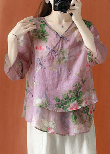 Beautiful Purple Asymmetrical Print Linen Blouses Half Sleeve