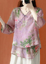 Load image into Gallery viewer, Beautiful Purple Asymmetrical Print Linen Blouses Half Sleeve