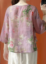 Load image into Gallery viewer, Beautiful Purple Asymmetrical Print Linen Blouses Half Sleeve