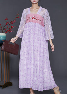 Beautiful Purple Embroidered Hollow Out Chiffon Long Dress Summer