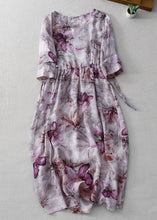 Load image into Gallery viewer, Beautiful Purple O Neck Print Lace Up Cotton Dress Half Sleeve