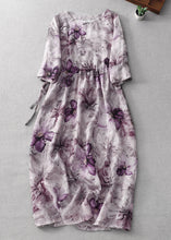 Load image into Gallery viewer, Beautiful Purple O Neck Print Lace Up Cotton Dress Half Sleeve