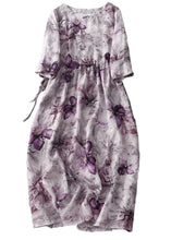 Load image into Gallery viewer, Beautiful Purple O Neck Print Lace Up Cotton Dress Half Sleeve