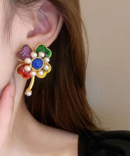 Load image into Gallery viewer, Beautiful Rainbow Sterling Silver Overgild Pearl Floral Stud Earrings