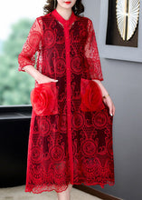 Load image into Gallery viewer, Beautiful Red Floral Hollow Out Solid Tulle Long Coat Half Sleeve