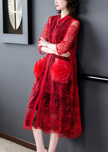 Load image into Gallery viewer, Beautiful Red Floral Hollow Out Solid Tulle Long Coat Half Sleeve