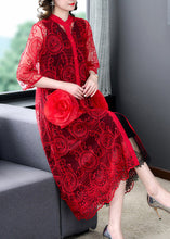 Load image into Gallery viewer, Beautiful Red Floral Hollow Out Solid Tulle Long Coat Half Sleeve