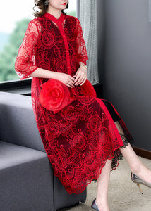 Beautiful Red Floral Hollow Out Solid Tulle Long Coat Half Sleeve