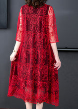 Load image into Gallery viewer, Beautiful Red Floral Hollow Out Solid Tulle Long Coat Half Sleeve