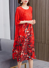 Load image into Gallery viewer, Beautiful Red O Neck Print Chinese Button Patchwork Chiffon Dress Summer