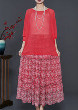 Load image into Gallery viewer, Beautiful Red Print Exra Large Hem Chiffon Two Piece Set Summer