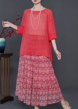 Load image into Gallery viewer, Beautiful Red Print Exra Large Hem Chiffon Two Piece Set Summer