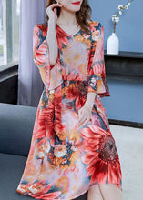 Load image into Gallery viewer, Beautiful Red The Sunflowers Print Patchwork Chiffon Dresses Butterfly Sleeve