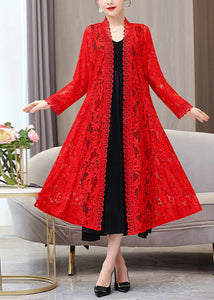 Beautiful Red V Neck Long Lace Sunscreen Cardigan Summer