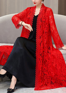 Beautiful Red V Neck Long Lace Sunscreen Cardigan Summer