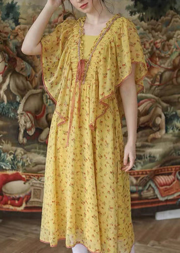 Beautiful Yellow Ruffled Lace Up Nail Bead Chiffon Long Dresses Summer