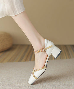 Beige Buckle Strap Cowhide Leather Rivet Baotou Sandals