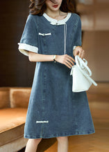 Load image into Gallery viewer, Beige Button Patchwork Denim Dress O Neck Short Sleeve