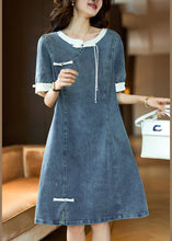 Load image into Gallery viewer, Beige Button Patchwork Denim Dress O Neck Short Sleeve