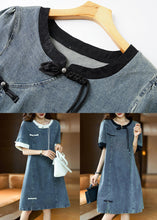 Load image into Gallery viewer, Beige Button Patchwork Denim Dress O Neck Short Sleeve