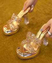 Load image into Gallery viewer, Beige Clear High Heels Slide Sandals Peep Toe Splicing Crystal