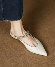 Load image into Gallery viewer, Beige Flat Sandals Faux Leather Pointed Toe Fashion Splicing Zircon