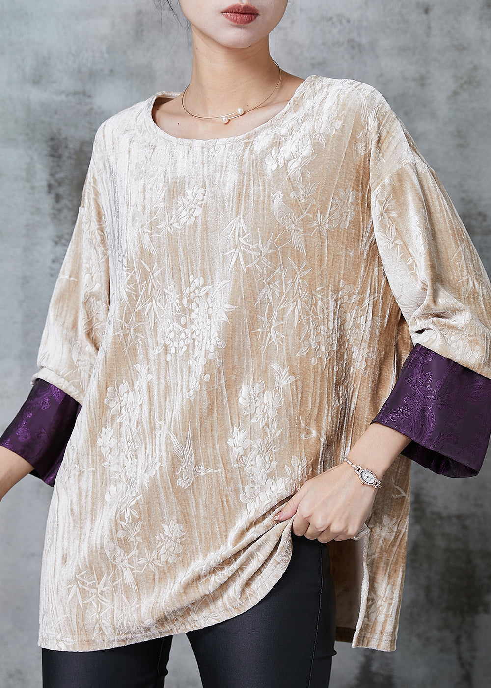 Beige Jacquard Patchwork Silk Velour Shirt Tops Spring