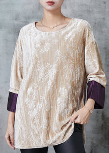 Beige Jacquard Patchwork Silk Velour Shirt Tops Spring