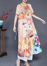 Load image into Gallery viewer, Beige Print Linen Robe Dresses Oversized Low High Design Summer