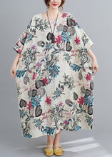 Load image into Gallery viewer, Beige Print Pockets Cotton Dresses O Neck Batwing Sleeve