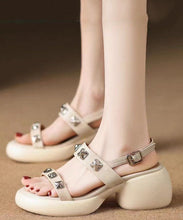 Load image into Gallery viewer, Beige Sandals Chunky Faux Leather DIY Splicing Rivet Buckle Strap