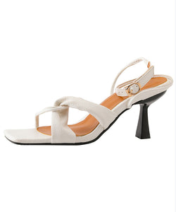 Beige Stiletto Heels French Sandals Peep Toe Buckle Strap