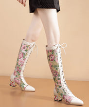 Load image into Gallery viewer, Beige Zircon Splicing Lace Up Genuine Leather Chunky Knee Boots