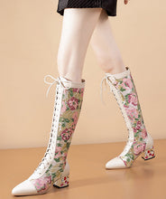 Load image into Gallery viewer, Beige Zircon Splicing Lace Up Genuine Leather Chunky Knee Boots