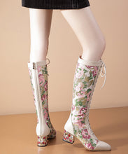 Load image into Gallery viewer, Beige Zircon Splicing Lace Up Genuine Leather Chunky Knee Boots