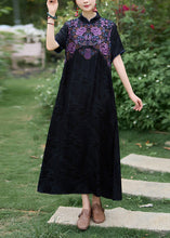 Load image into Gallery viewer, Black Bohemian Silk Dress Embroidered Stand Collar Summer