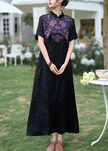 Load image into Gallery viewer, Black Bohemian Silk Dress Embroidered Stand Collar Summer